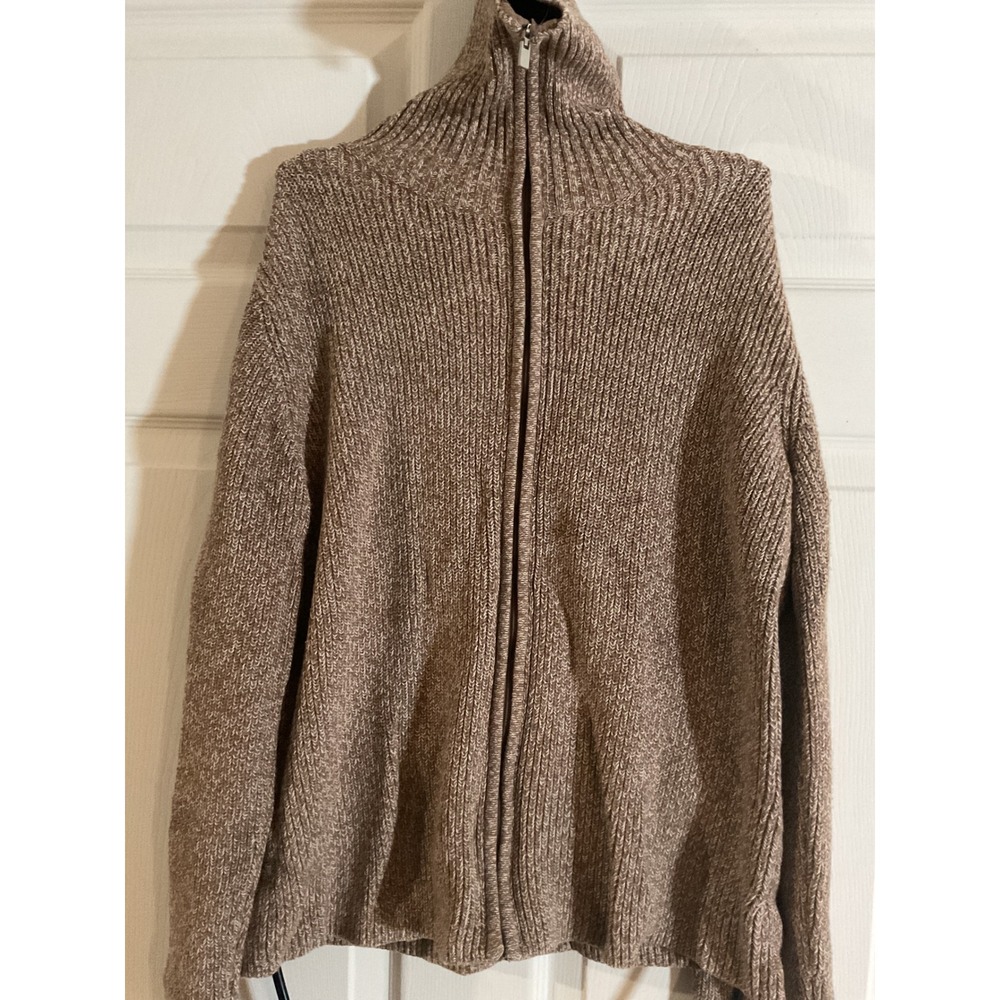 Crazy Horse Liz Claiborne Tan Marl Cotton Full Zip Hooded Ribbed Sweater Mens M‎